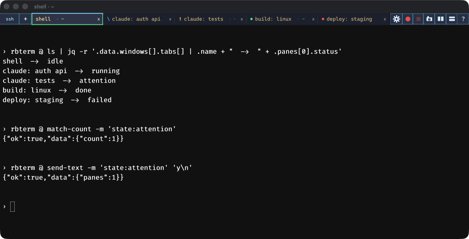An rbterm window with five tabs whose badges show every agent status at once, while the active shell pane lists each tab's status with rbterm @ ls, counts blocked panes with match-count, and answers the blocked pane with send-text