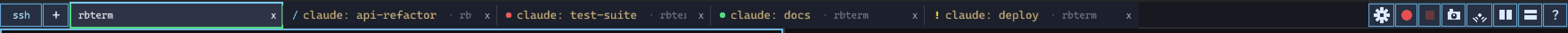 Close-up of the rbterm tab bar: five tabs, four of them agents, each carrying a status badge — a spinner, a red failed dot, a green done dot and an amber exclamation