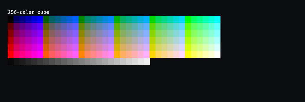 rbterm rendering the full 256-colour cube as background blocks
